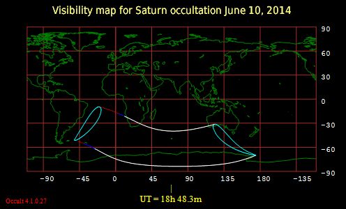 Visibility map for the moon covering Saturn on June 10, 2014.