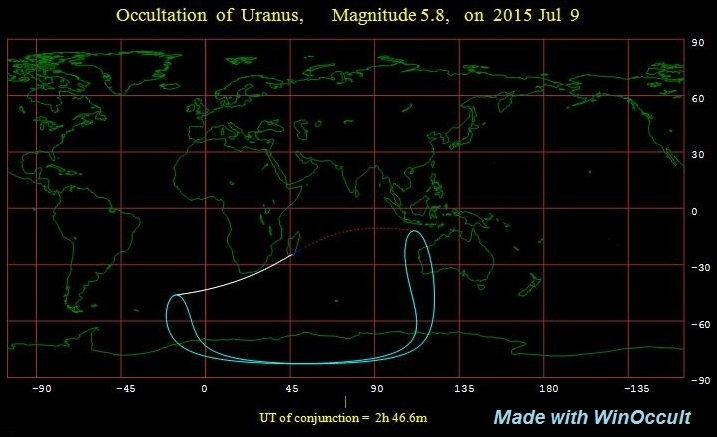 The map shows that Uranus will be hidden by the moon in July 2015 for viewers in ocean areas south of Africa.