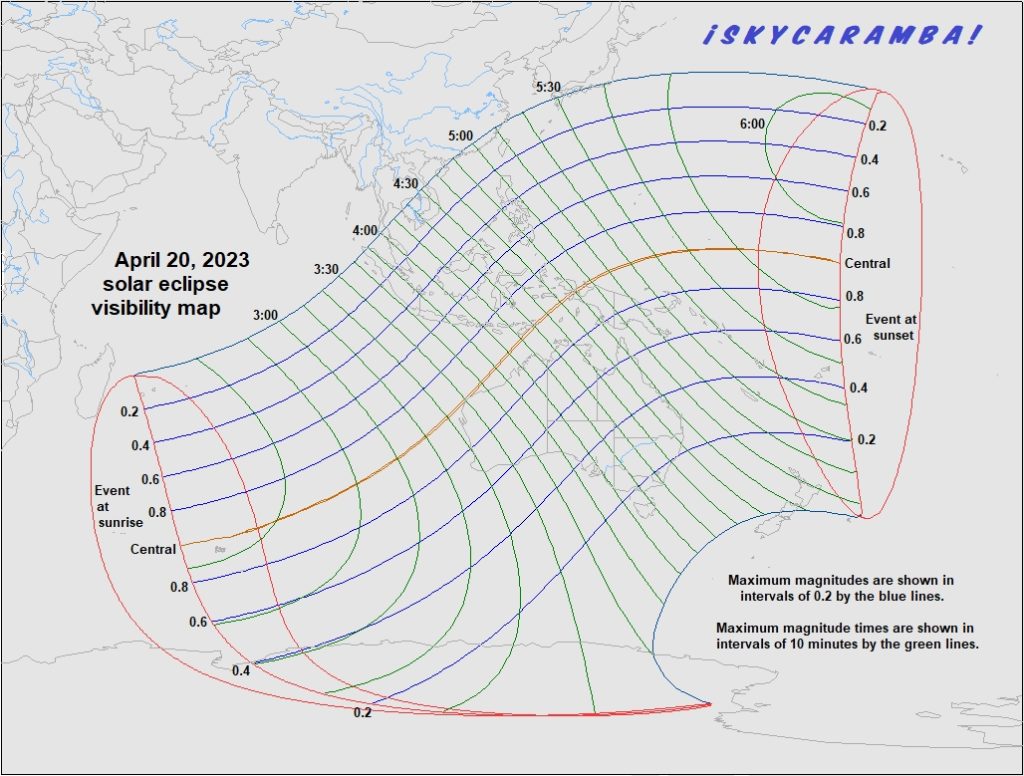 Visibility map for the April 20, 2023 solar eclipse