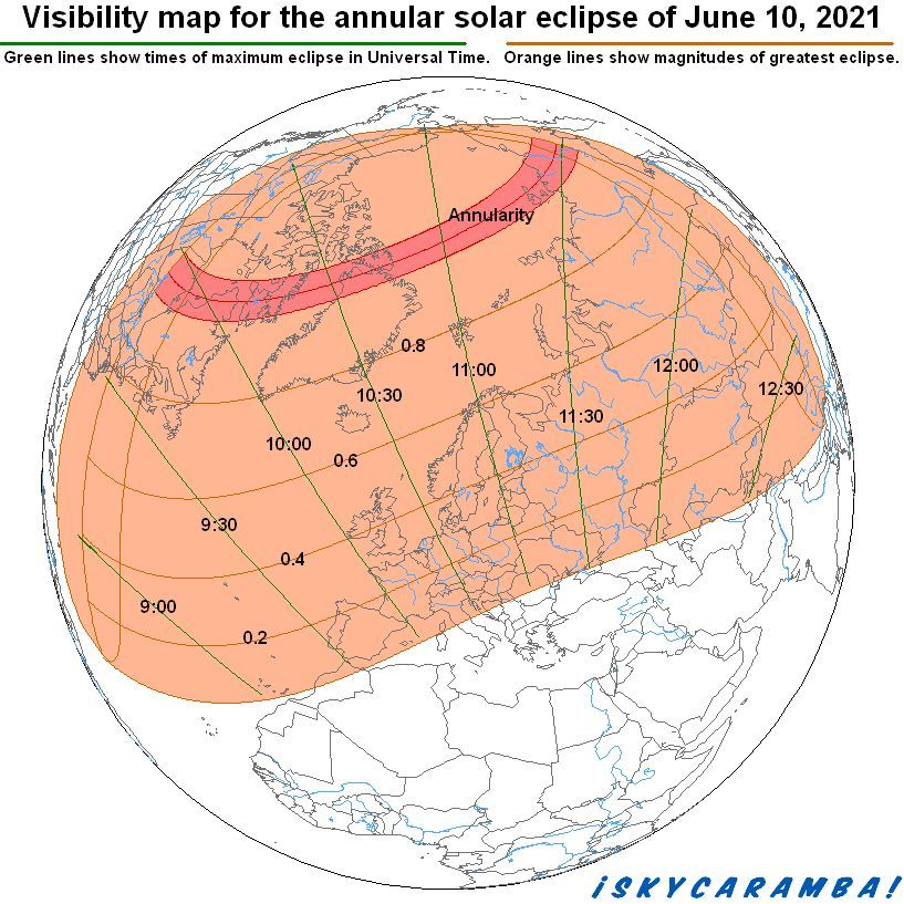 A visibility map showing the path of annularity and partial phases for the solar eclipse on June 10, 2021.