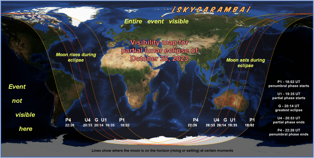 Visibility map for the partial lunar eclipse of October 28, 2023