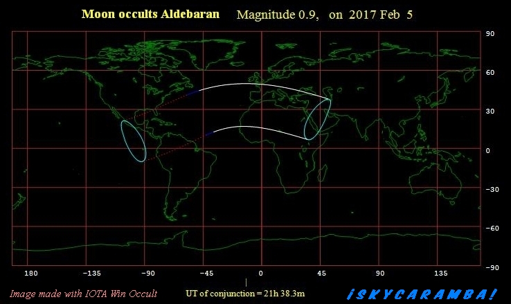 Feb. 5, 2017 occultation of Aldebaran visibility map