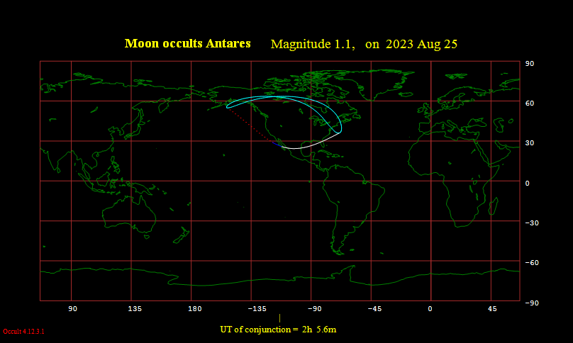 Visibility map showing where the moon will pass in front of Antares. It will be on  the evening of August 24 local time for observers in North America.