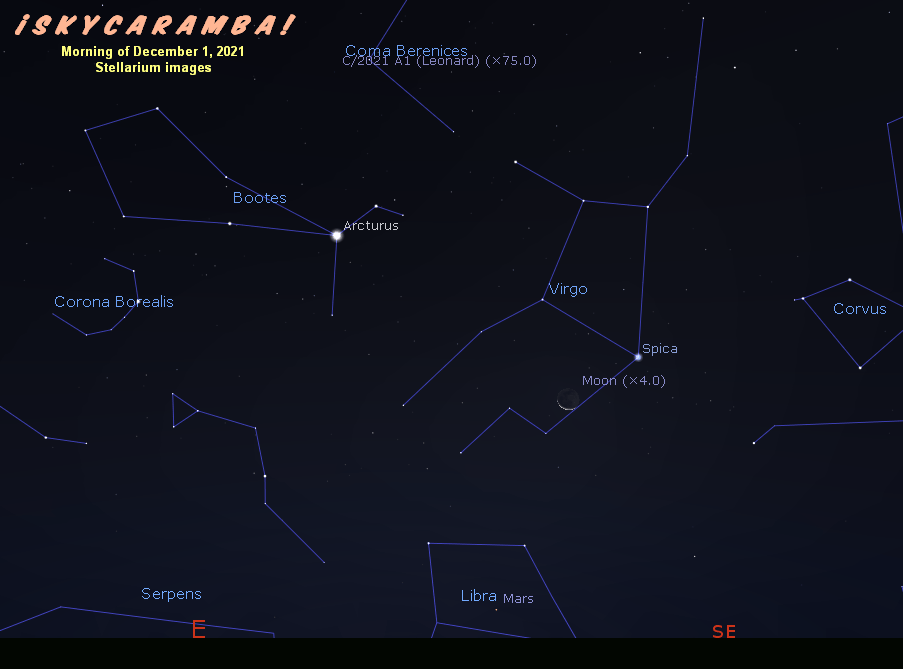 Moving gif showing the positions of Comet Leonard and Mars in the morning in December 2021