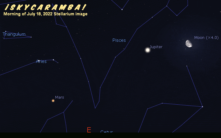 Moon in the morning sky July 18 to 22, 2022 by Jupiter, Mars, and Uranus