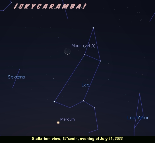Low latitude southern hemisphere view evening of July 31, 2022 of the moon and Mercury