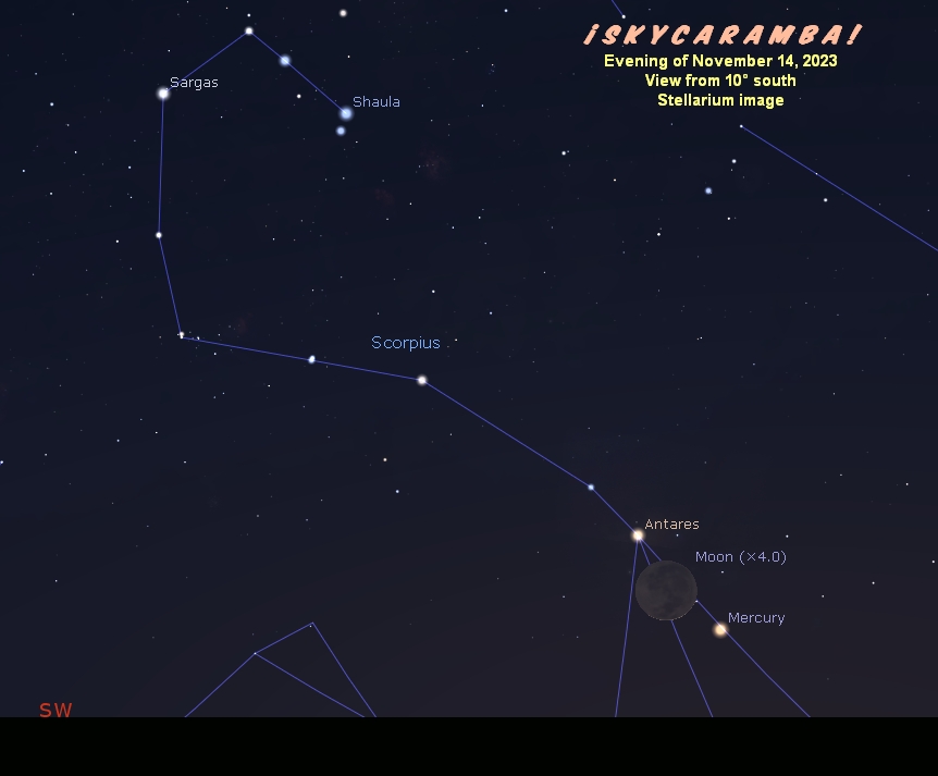 The moon, Mercury, and Antares close in the evening sky as may be seen from 10° south latitude on November 14, 2023