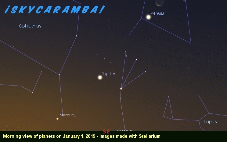 Morning view of planets January to early February 2019. Shown are Venus, Jupiter, Saturn, and Mercury with constellations that include Sagittarius and Scorpius.