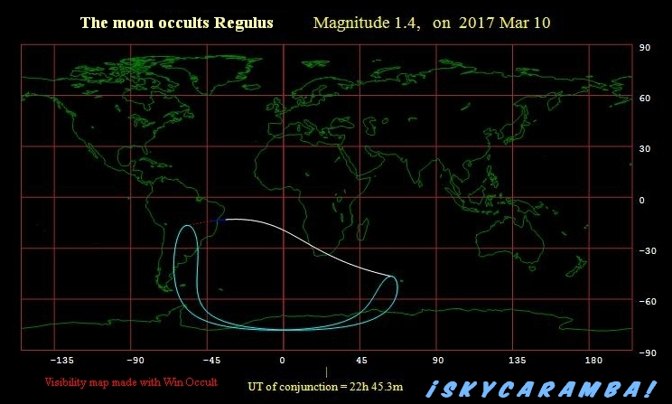 Occultation of Regulus visibility map, March 10, 2017