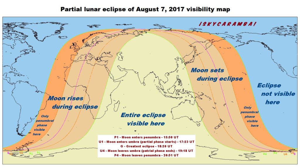 Partial Lunar Eclipse 08-07-2017 visibility map