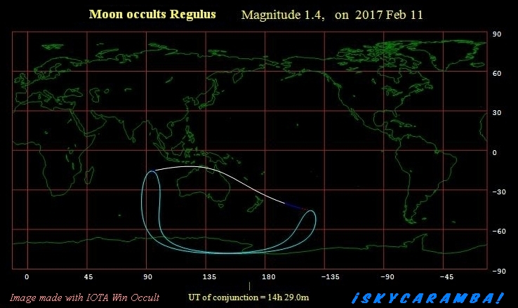 Visibility map for occultation of Regulus on Feb. 11, 2017