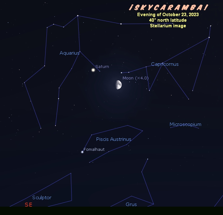 A view of Saturn with a waning gibbous moon passing by on October 23, 2023. The planet is in the western part of Aquarius. The moon is in the eastern part of Capricornus.