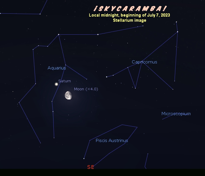 Saturn and the moon near it at local midnight at the start of July 7, 2023