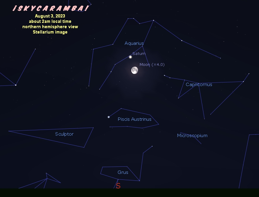 The moon near Saturn on August 3, 2023. The moon will pass by the planet again on August 30.