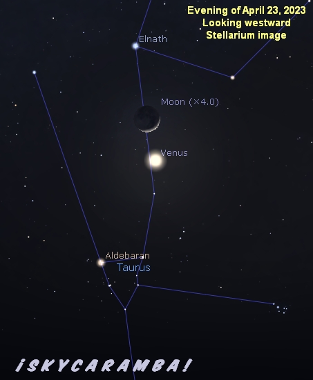 The moon and Venus evening of April 23, 2023