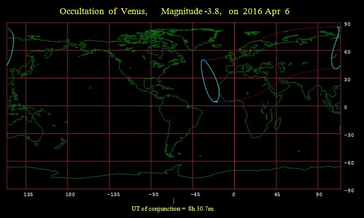 Venus occultation visibility map April 6, 2016