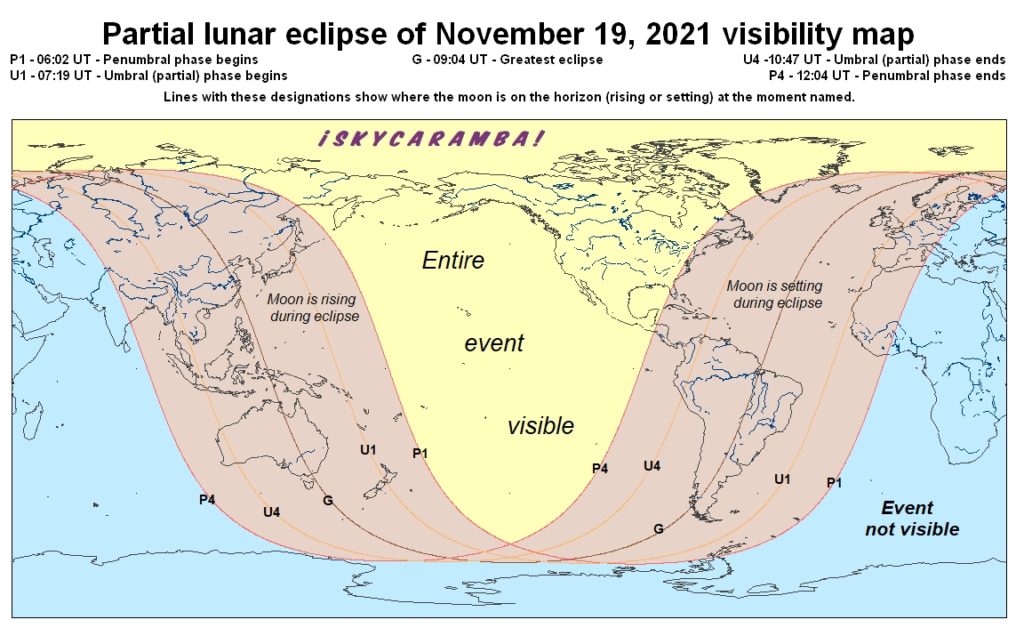 Visibility map for the partial lunar eclipse of November 19, 2021
