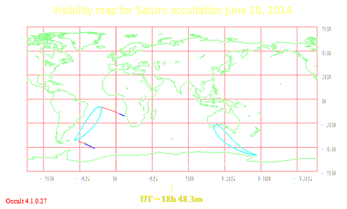 The moon covers Saturn on June 10, 2014. This is a visibility map.
