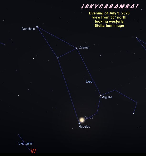 Venus next to Regulus, evening of July 9, 2026, view simulated with Stellarium for 35° north