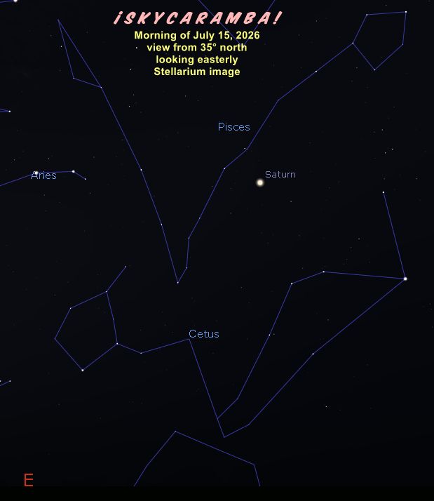 Saturn rising alongside Pisces July 15, 2026, view from 35° north, simulated with Stellarium