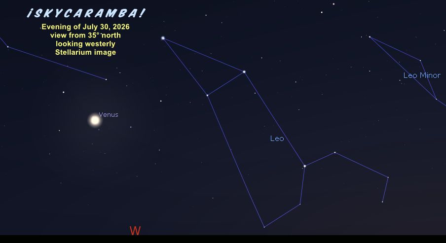 Venus on its way out of Leo on July 30, 2026, simulated with Stellarium
