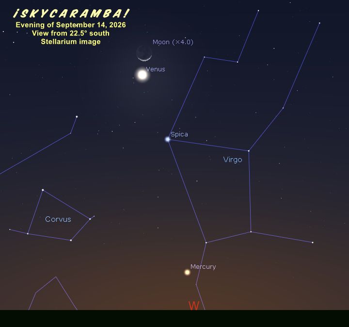 On September 14, 2026, the moon passes Venus. This view from the southern hemisphere shows Mercury below them. Stellarium image