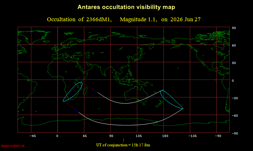 Visibility map for the lunar occultation of Antares on June 27, 2026. Made with WinOccult.