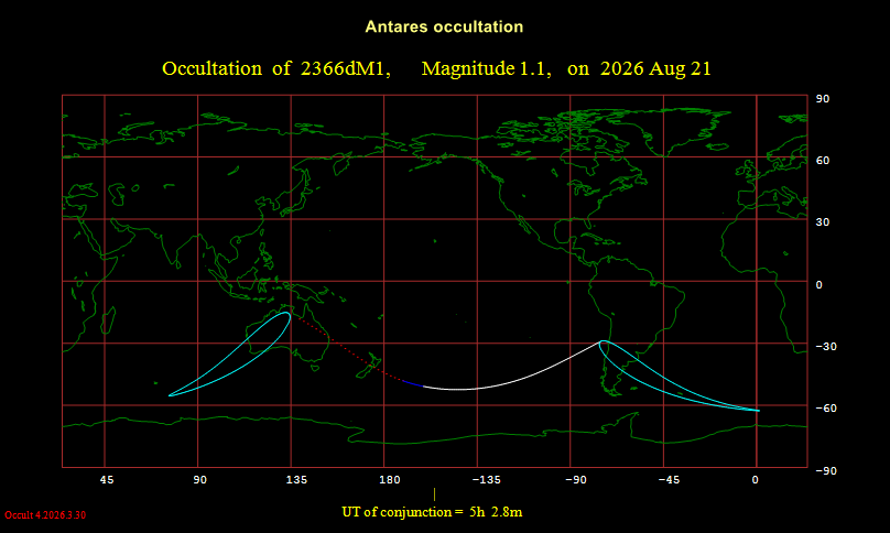 Visibility map for the moon's occultation of Antares on August 21, 2026. Made with WinOccult