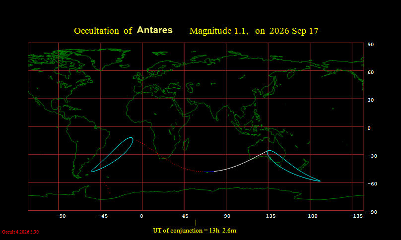 Visibility map for the moon occulting Antares on September 17, 2026. Made with IOTA's WinOccult.