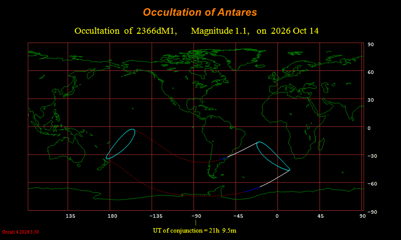 Visibility map for occultation of Antares on October 14, 2026. WinOccult image