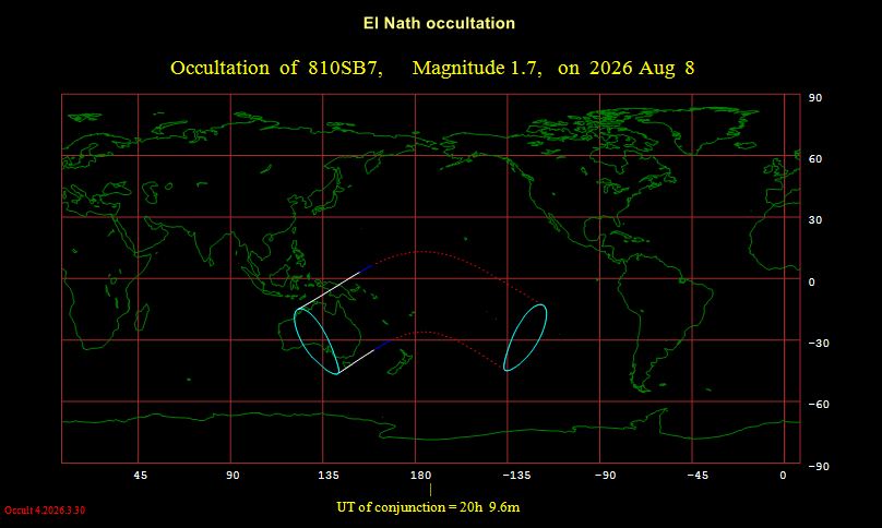 Visibility map for the moon's occultation of Elnath on August 8, 2026. Made with WinOccult