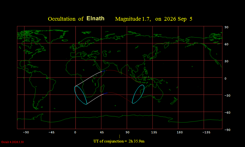 Visibility map for the moon occulting Elnath on September 5, 2026. Made with IOTA's WinOccult.