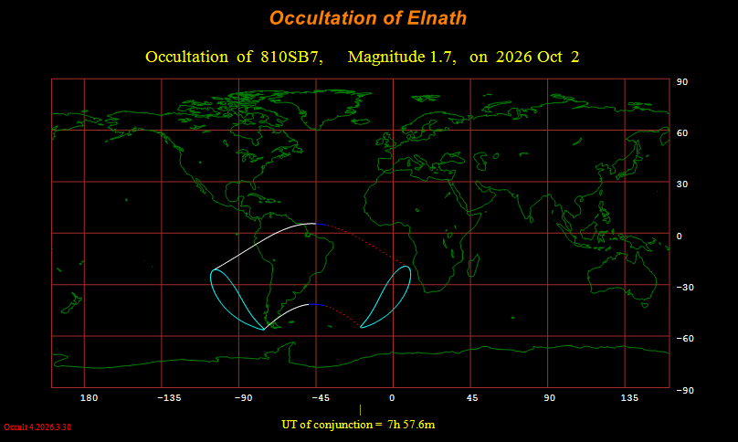 Visibility map for occultation of Elnath on October 2, 2026. WinOccult image