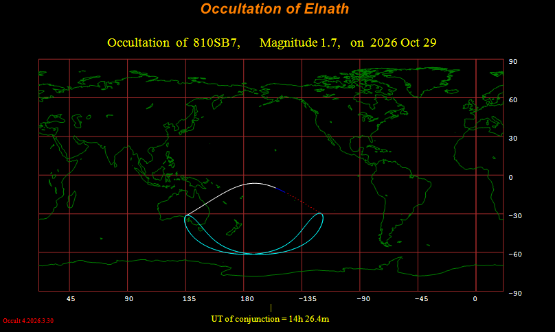 Visibility map for occultation of Elnath on October 29, 2026. WinOccult image