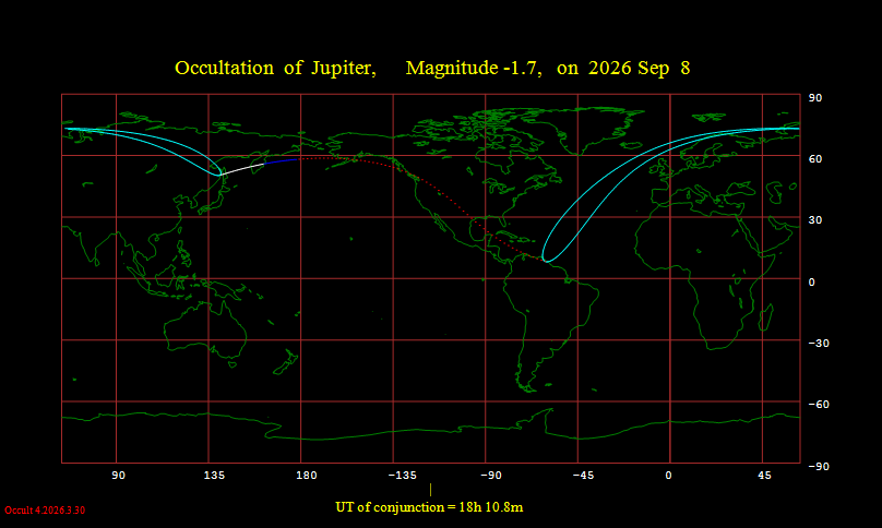 Visibility map for the occultation of Jupiter on September 8, 2026. Made with IOTA's WinOccult.