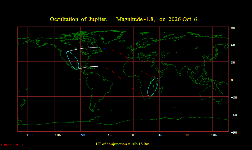 Visibility map for occultation of Jupiter on October 6, 2026. WinOccult image