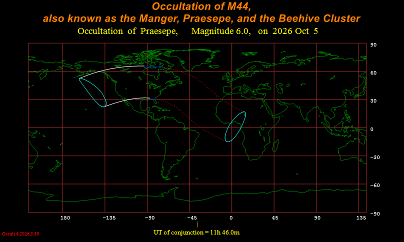 Visibility map for occultation of M44 on October 5, 2026. WinOccult image