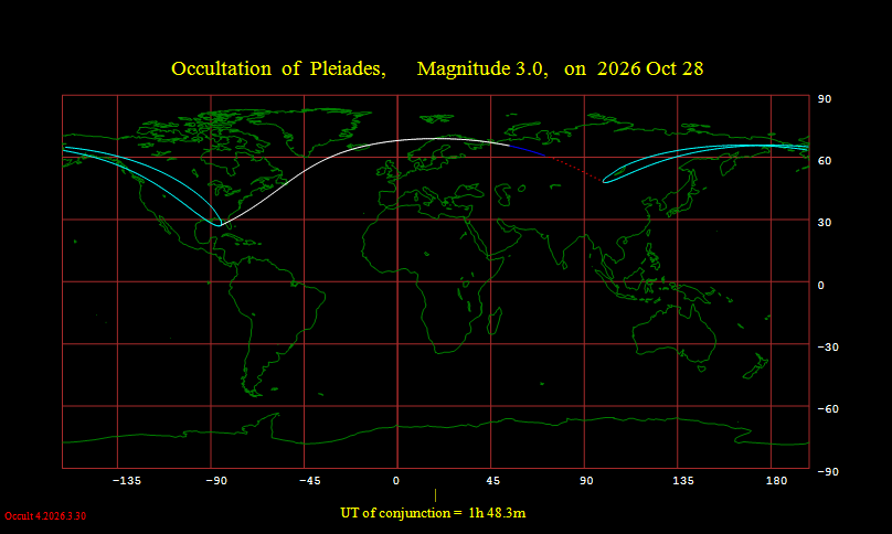 Visibility map for occultation of the Pleiades on October 28, 2026. WinOccult image