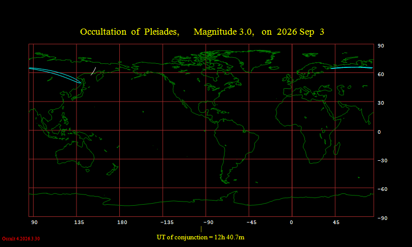 Pleiades occultation visibility map for September 3, 2026 event. This is one of two occultations of this cluster this month. Made with IOTA's WinOccult.