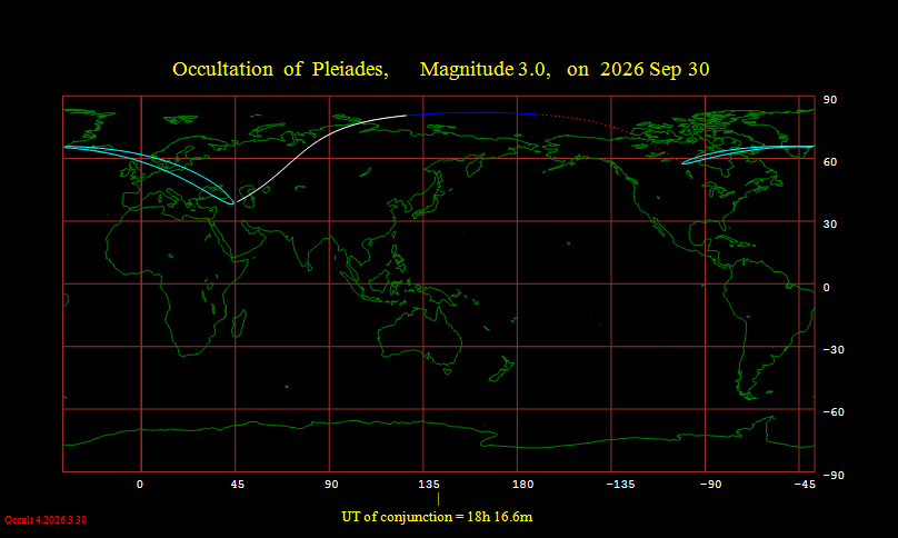 Visibility map for the lunar occultation of the Pleiades on September 30, 2026. This is the second event this month involving the cluster. Made with IOTA's WinOccult.