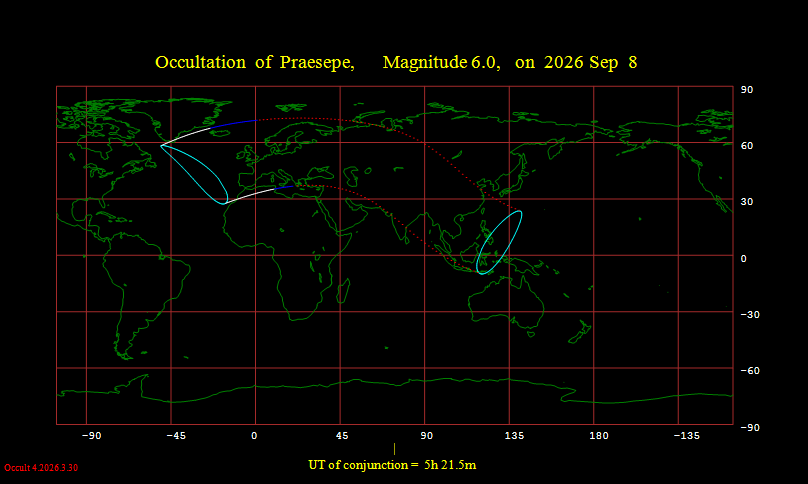 Visibility map for the occultation of Praesepe (the manger) in Cancer on September 8, 2026. Made with IOTA's WinOccult.