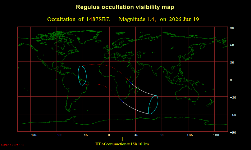 Visibility map for the lunar occultation of Regulus on June 19, 2026. Made with WinOccult