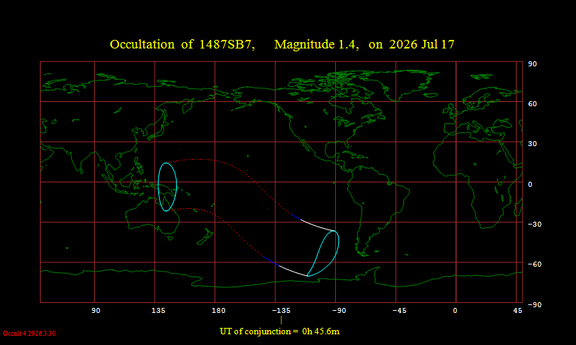 Visibility map for the occultation of Regulus on July 17, 2026, made with Win Occult program.