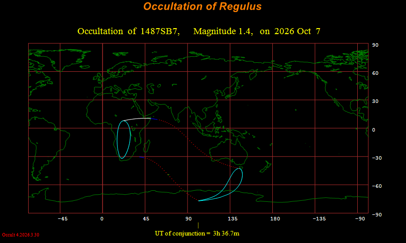 Visibility map for occultation of Regulus on October 7, 2026. WinOccult image