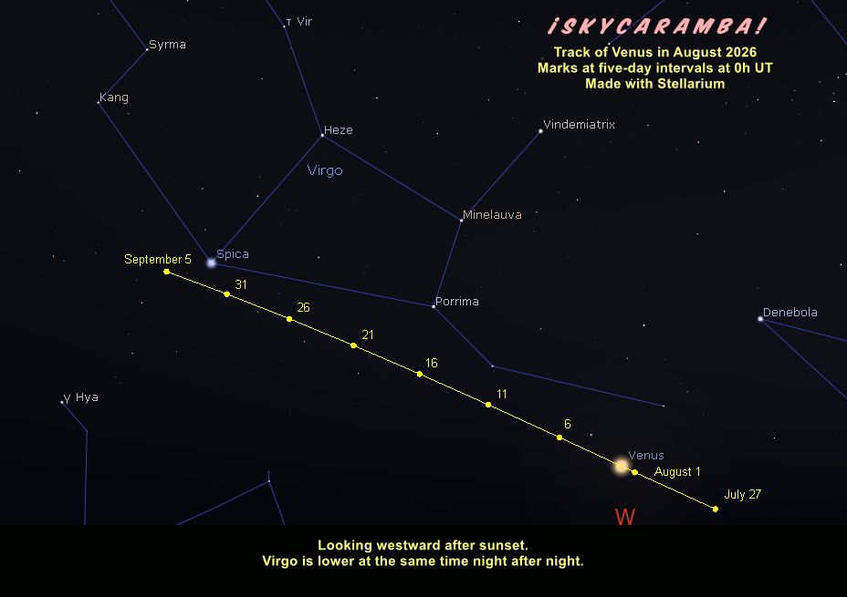 Track of Venus, August 2026, alongside Virgo. Looking westward after sunset. Made with Stellarium