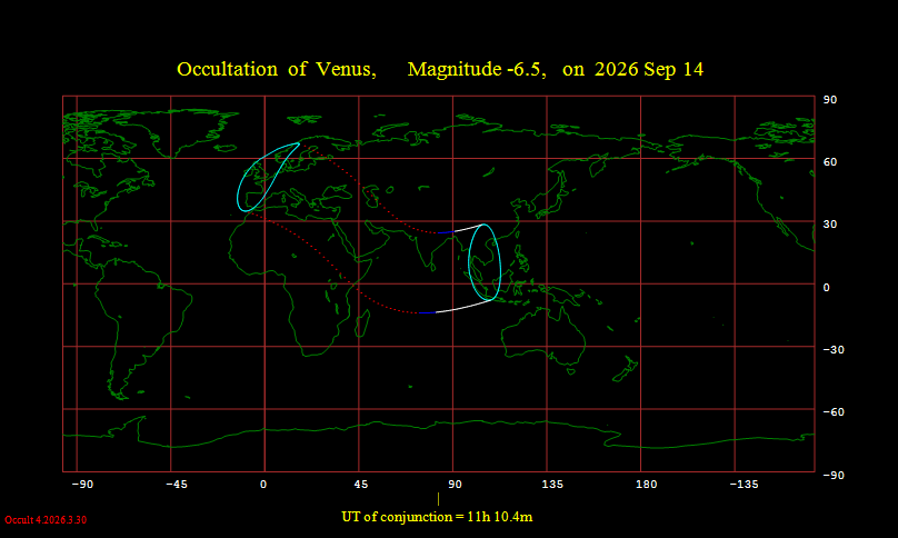 Visibility map for the moon occulting Venus on September 14, 2026. Made with IOTA's WinOccult.